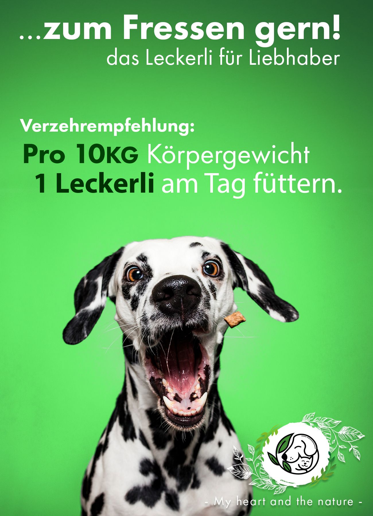 Immagine pubblicitaria con dalmata. Testo: "...zum Fressen gern!" e "das Leckerli für Liebhaber". Logo Nature Animal.