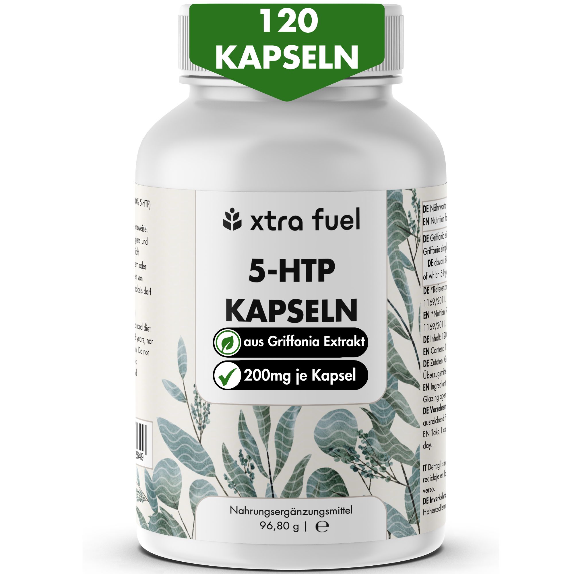 Flacone bianco con 120 capsule. Scritta: XTRA FUEL 5-HTP Kapseln, 200mg per capsula. Etichetta verde e bianca.