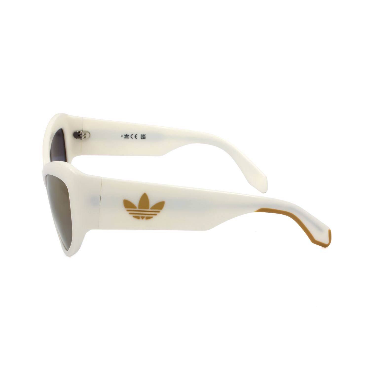 Occhiali da sole Adidas bianchi con logo dorato e lenti marroni.