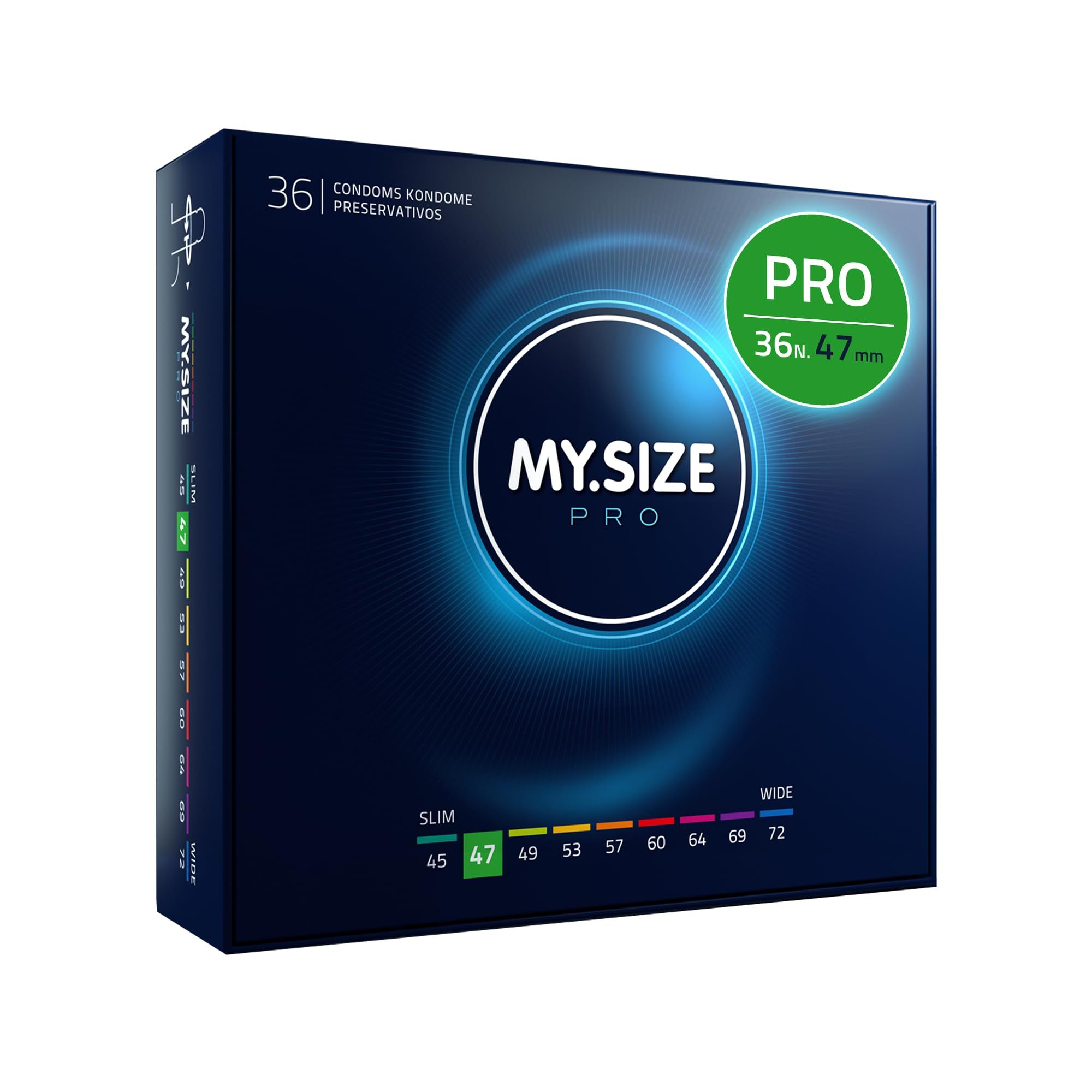 Singolo preservativo MY.SIZE PRO, misura 47mm, con caratteristiche prodotto.