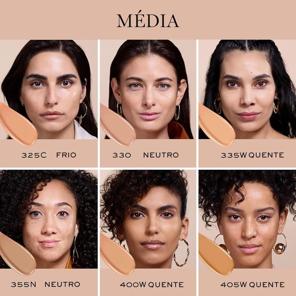 Volti con campioni di fondotinta. Diverse tonalità della pelle. Numeri di tonalità: 325C, 330, 335W, 355N, 400W, 405W. Testo: Média.