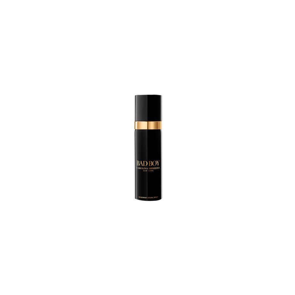 Flacone spray deodorante nero con fascia dorata. Scritta: BAD BOY CAROLINA HERRERA NEW YORK. Deodorant Natural Spray.