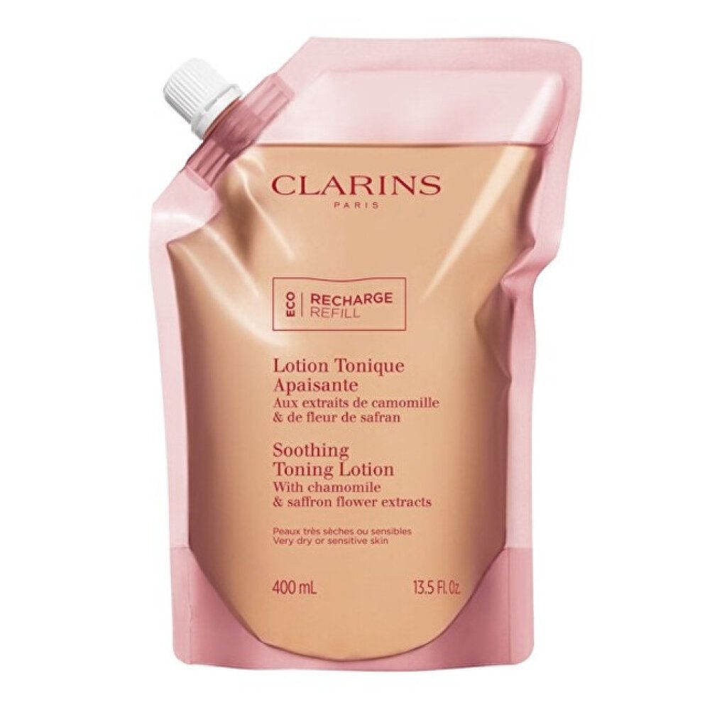 Ricarica. Sacchetto rosa con tappo bianco. Testo: Lotion Tonique Apaisante, 400 ml, Clarins Paris.
