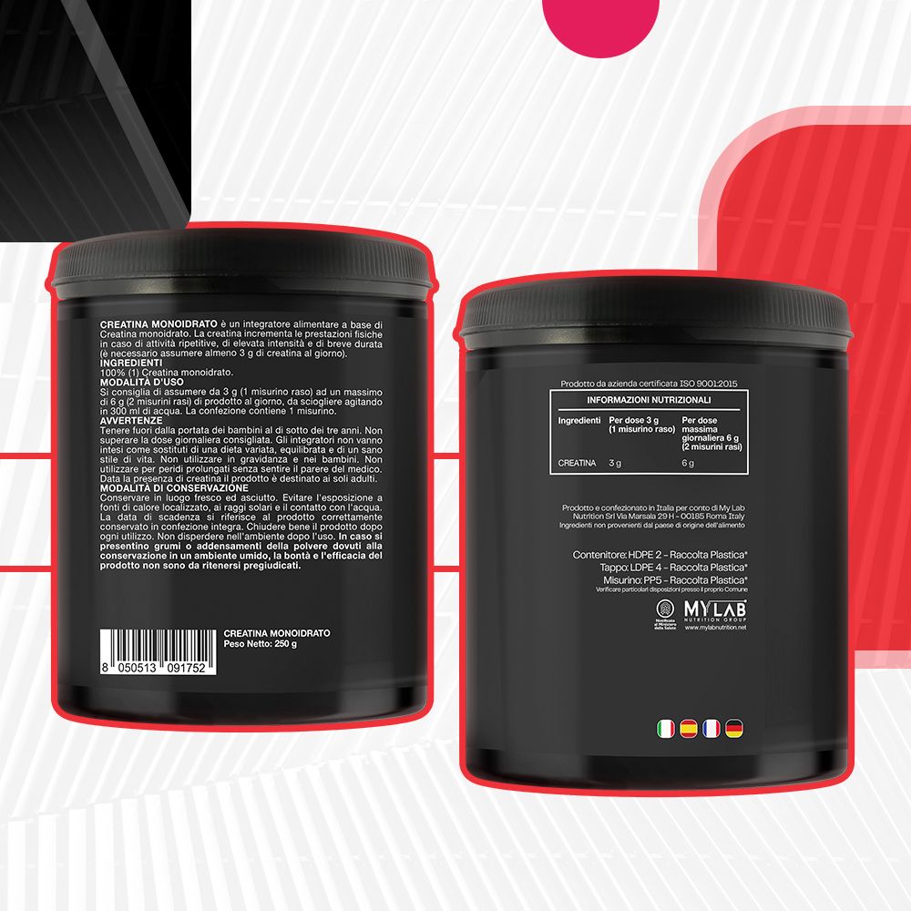 Due barattoli 'Creatina Monoidrato' con etichette. Contiene informazioni sugli ingredienti e il valore nutrizionale.