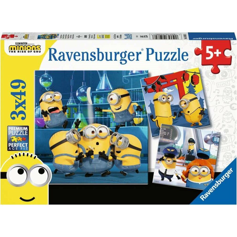 Scatola puzzle Minions. Contiene 3x49 pezzi. Marchio: Ravensburger. Età consigliata: 5+. I Minions sono raffigurati in un laboratorio.