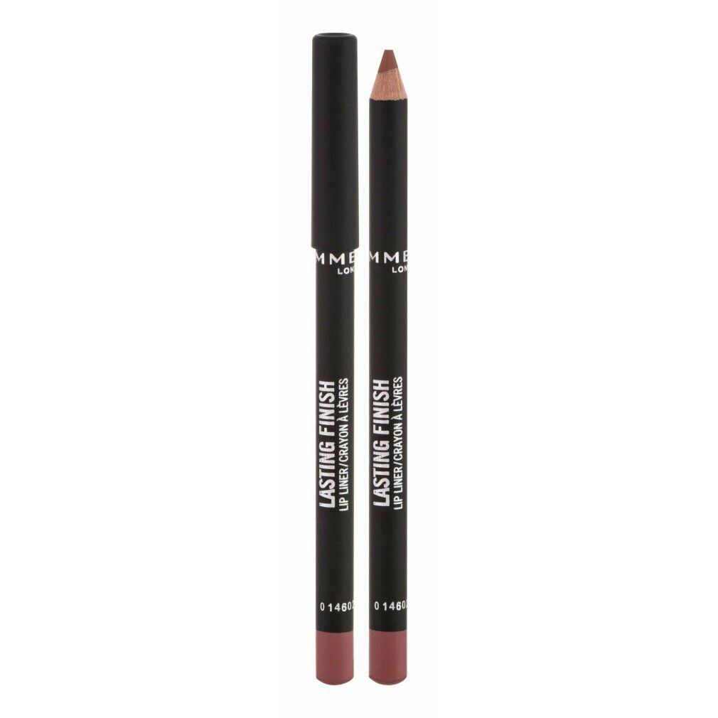 Due matite labbra nude. Matite nere con testo stampato. Tappi sopra. Nome prodotto: Rimmel London Lasting Finish 8h Lip Liner.