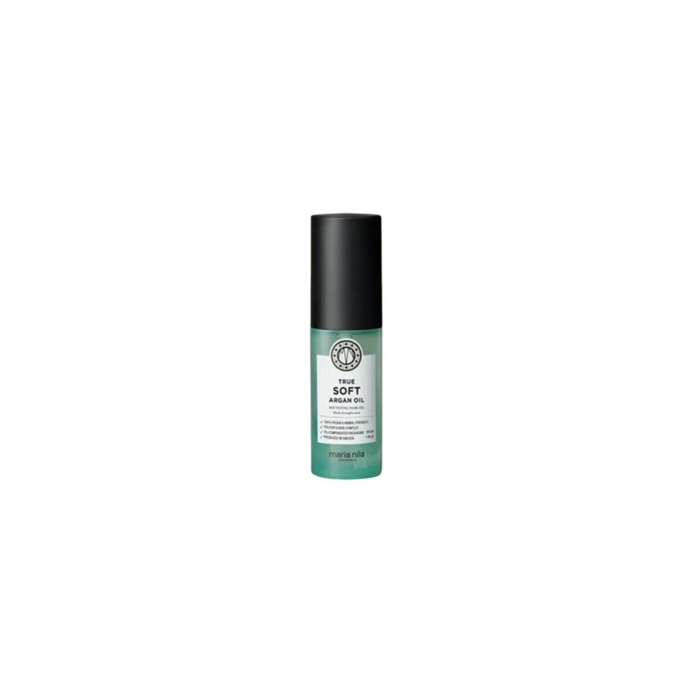 Piccola bottiglia True Soft Argan Oil con tappo nero. Flacone verdognolo con etichetta bianca.