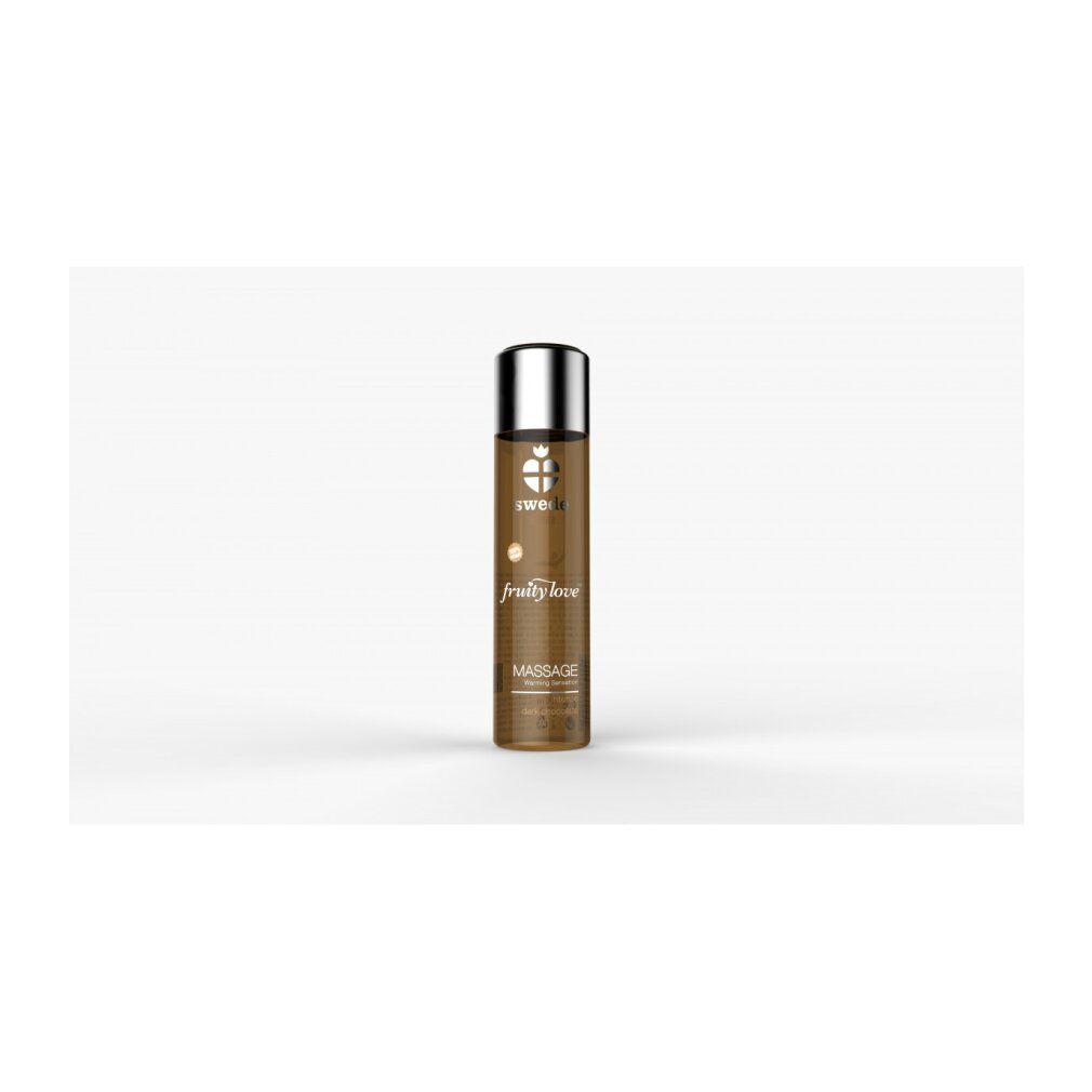 Flacone marrone con tappo argentato. Scritte: swede, fruity love, Massage.