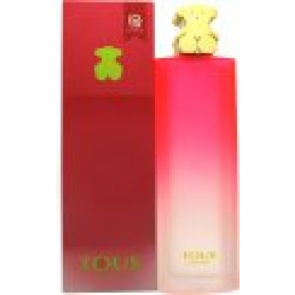 Spray Eau de Toilette con confezione rossa. Flacone sfumato rosa e bianco. Tappo orsetto verde. Logo Tous.