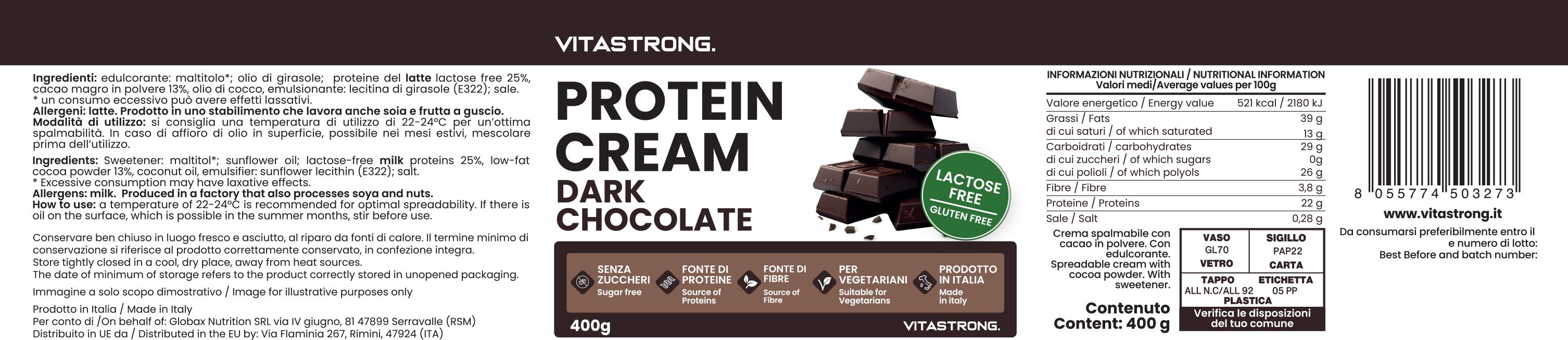 Etichetta con informazioni prodotto. Testo: Protein Cream Dark Chocolate, 400g. Senza zuccheri, senza glutine e lattosio.