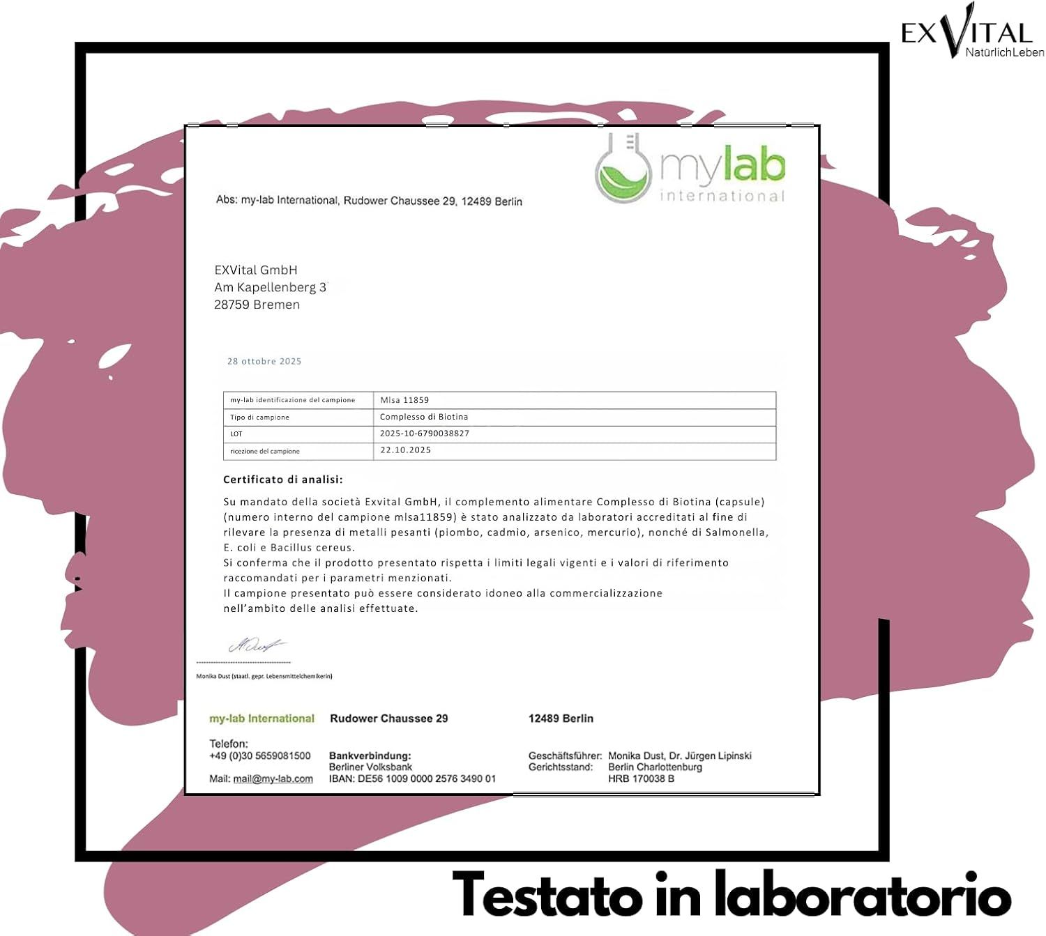 Rapporto di laboratorio di my-lab International. Prodotto: Biotin Komplex (capsule). Analisi di metalli pesanti.