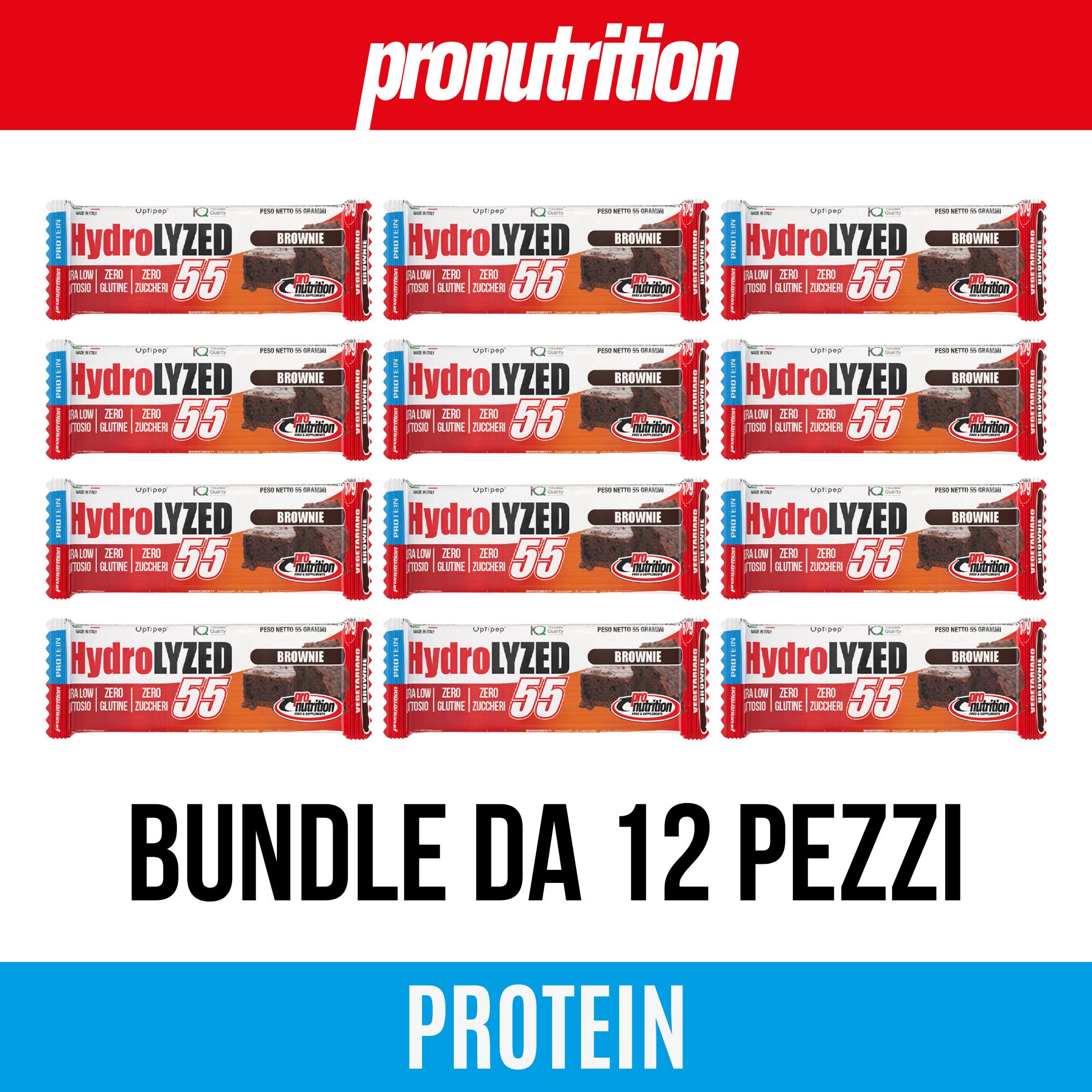Confezione da 12 barrette proteiche singole. Scritta: Hydrolyzed 55, Bundle da 12 pezzi, Protein. Marchio: pronutrition.