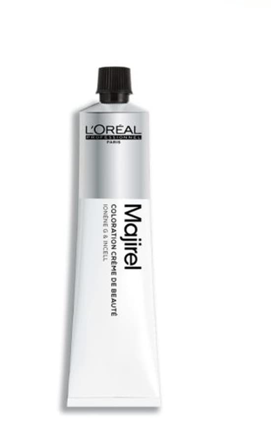 Tubo L'Oréal Professionnel Majirel N° 3 Castano Scuro. Tubo bianco con tappo argentato e nome del prodotto. Tappo nero.
