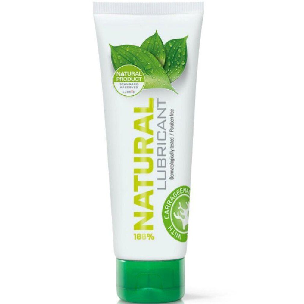 Tubo bianco con tappo verde, scritta "Natural Lubricant". Con foglie e gocce d'acqua.