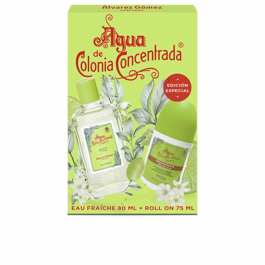 Confezione verde con flacone e roll-on. Scritta: Alvarez Gómez, Agua de Colonia Concentrada, Edición Especial. Eau Fraiche 80 ml + Roll on 75 ml.