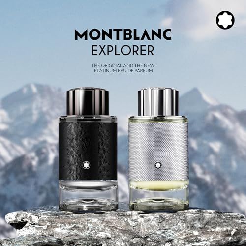 Due flaconi su rocce. A sinistra: nero, a destra: argento. Testo: 'MONTBLANC EXPLORER'.