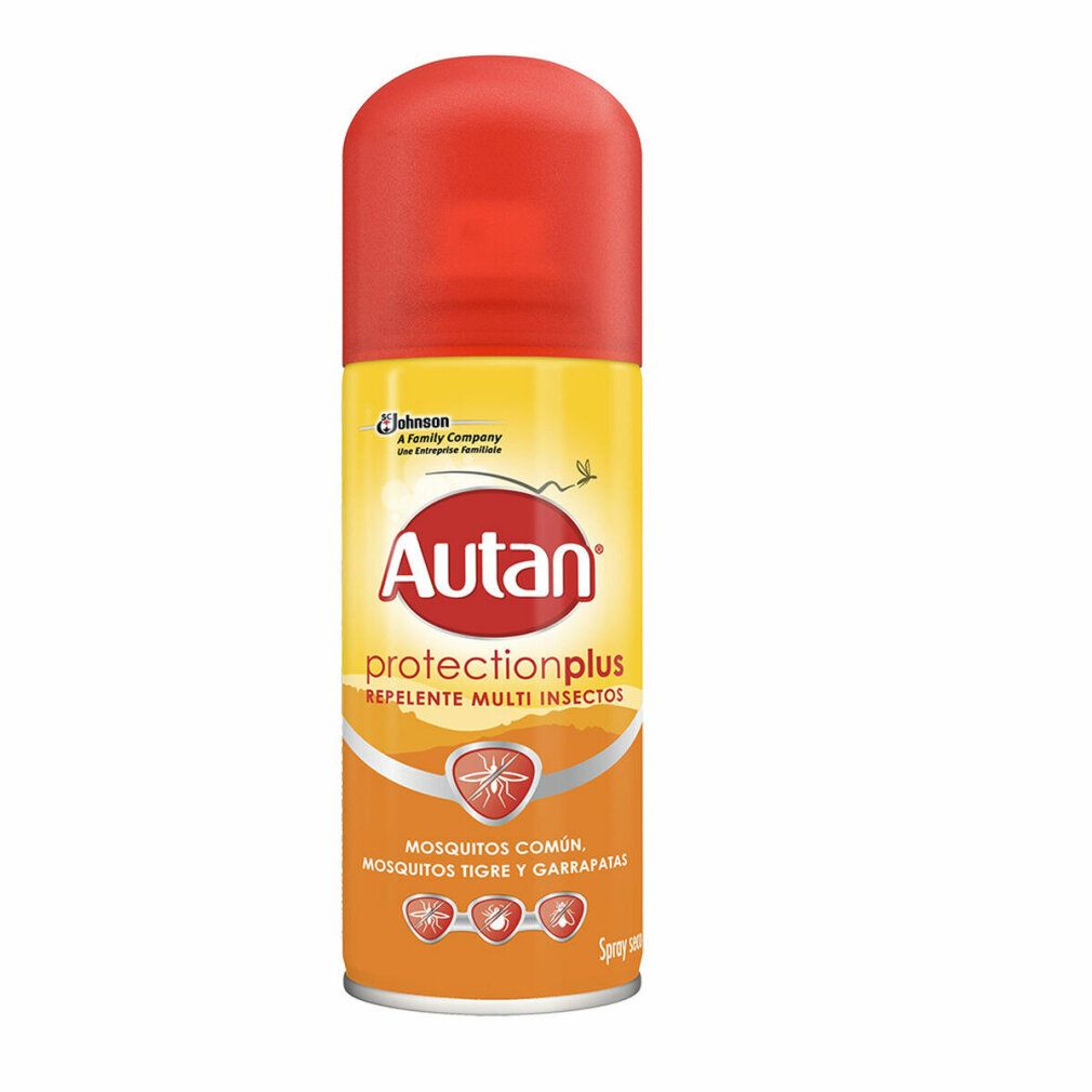 Spray Autan Protection Plus. Barattolo giallo con coperchio rosso. Contiene testo e logo.