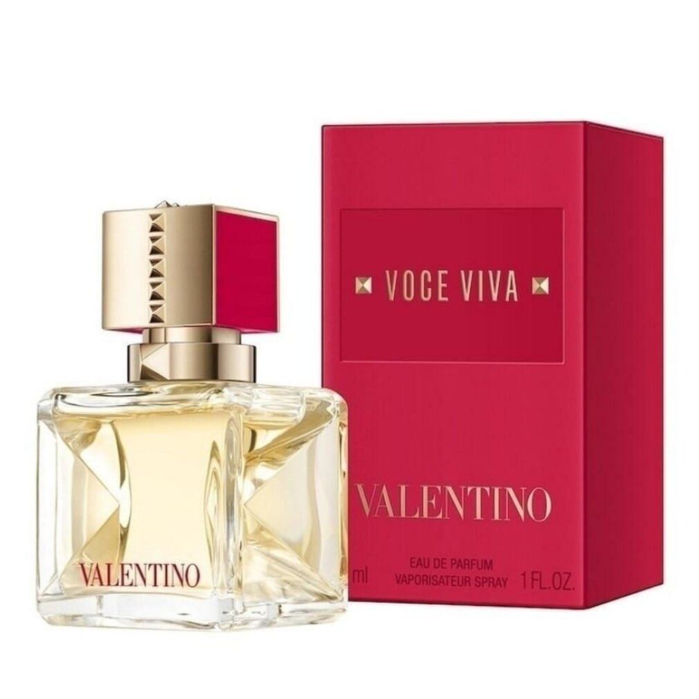 Flacone e confezione rossa. Scritta "Voce Viva" e "Valentino".