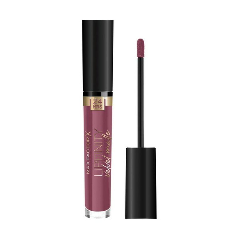 Rossetto Max Factor Lipfinity Velvet Matte. Tonalità prugna, cappuccio e applicatore neri. Scritta: 24 HRS.