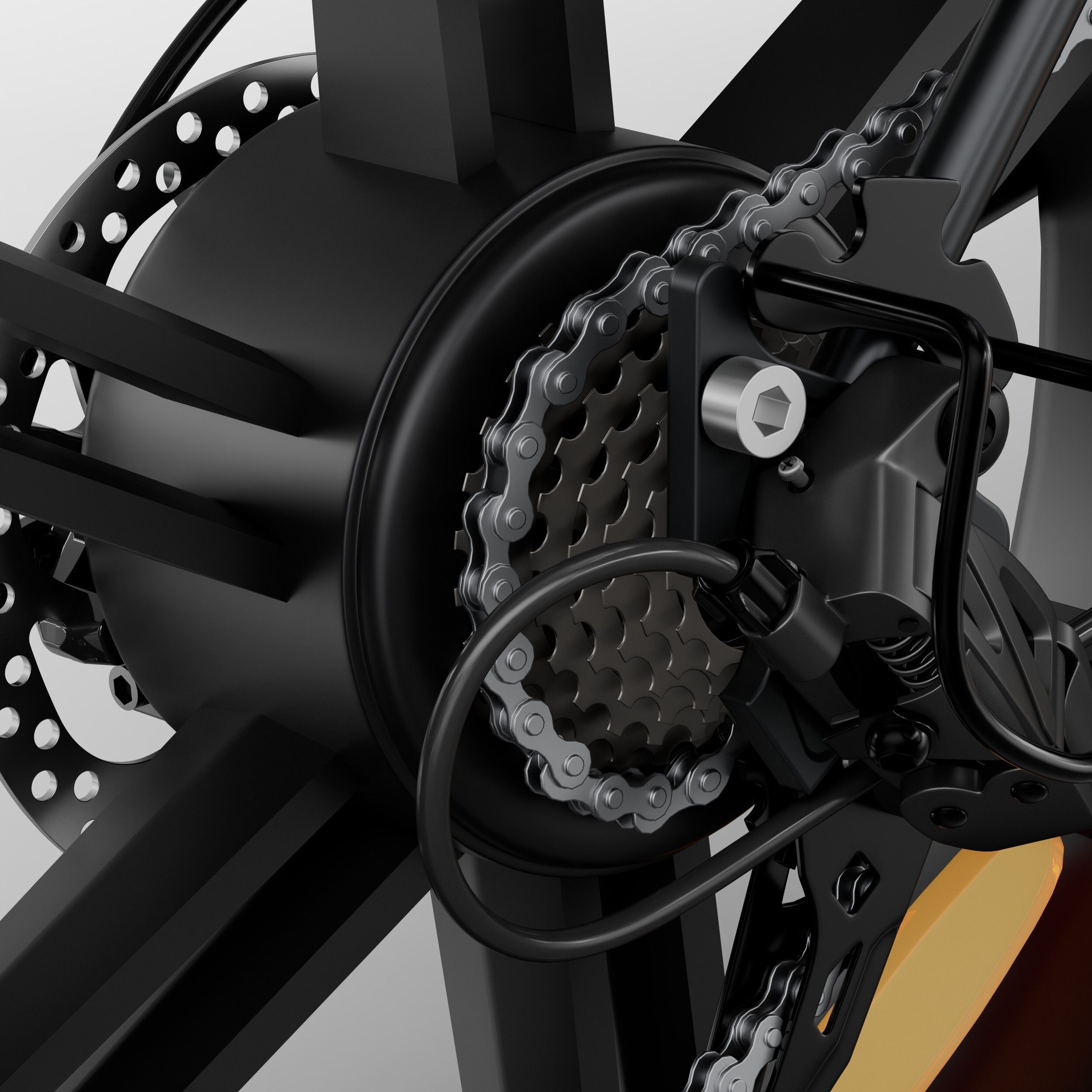 Ruota posteriore nera con disco freno e cambio. Catena e ingranaggi. Vista dettagliata.
