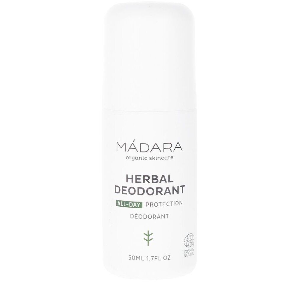 Deodorante roll-on bianco con scritta 'MÁDARA' e 'HERBAL DEODORANT'.