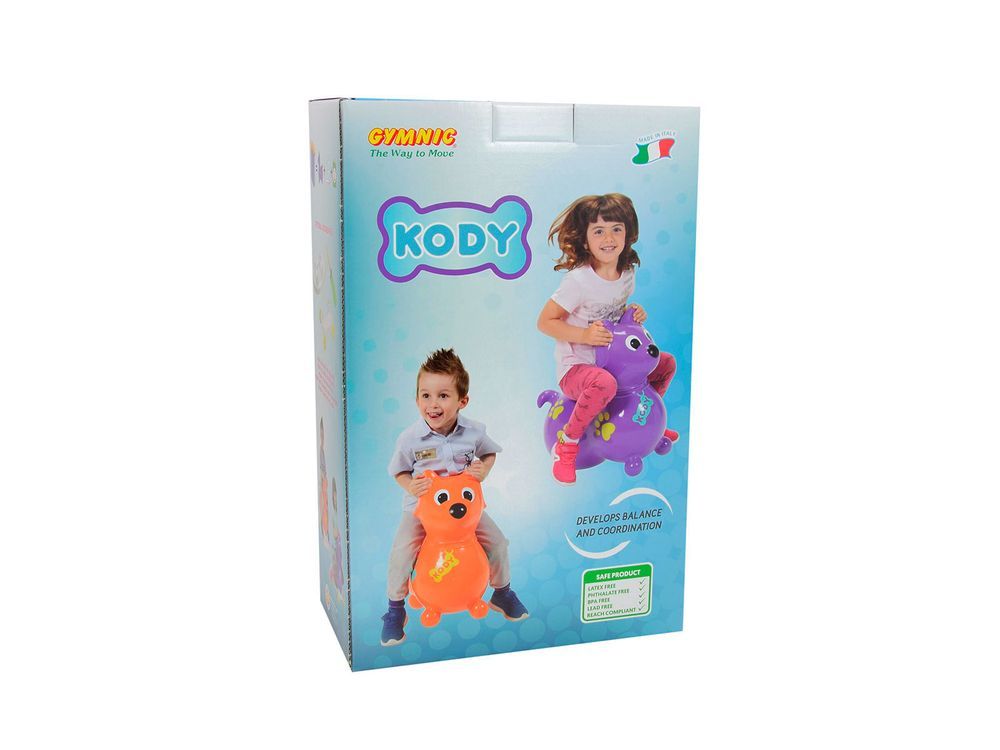 Confezione Gymnic KODY. Scritta KODY, bambini su animali saltellanti. Sviluppa equilibrio e coordinazione.