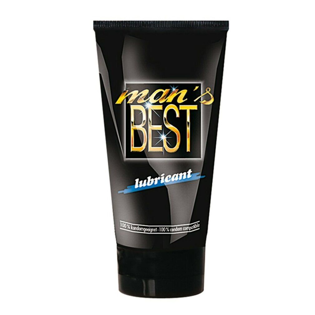 Tubo nero con logo dorato "man's BEST" e scritta blu "lubricant". Testo: 100% compatibile con i preservativi.