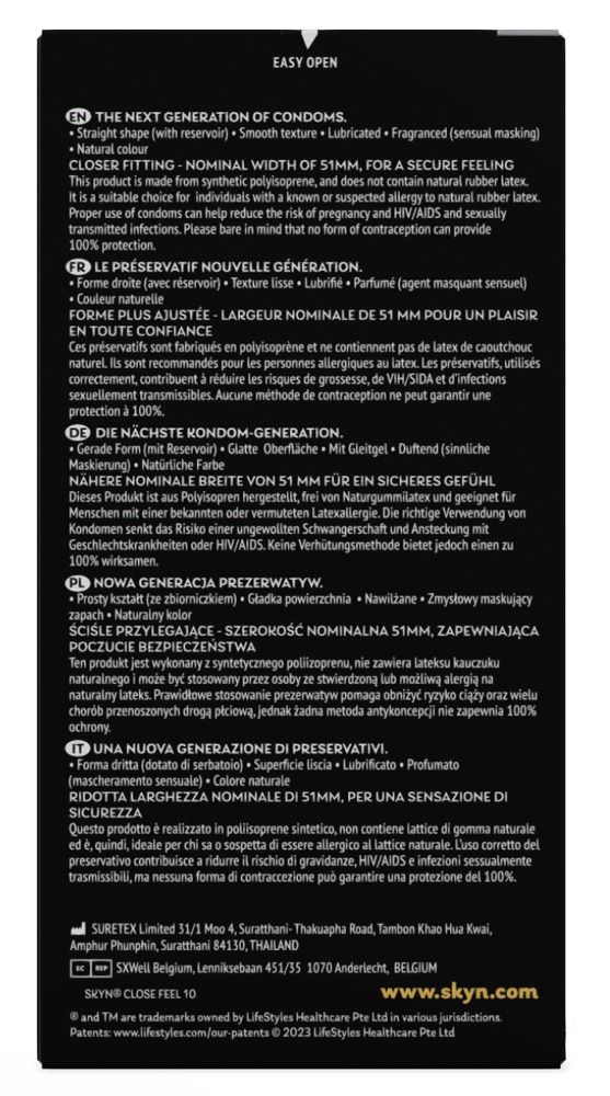 Scatola nera con testo. Informazioni sui preservativi. Testo: Nuova generazione, larghezza nominale 51mm, sensazione naturale.
