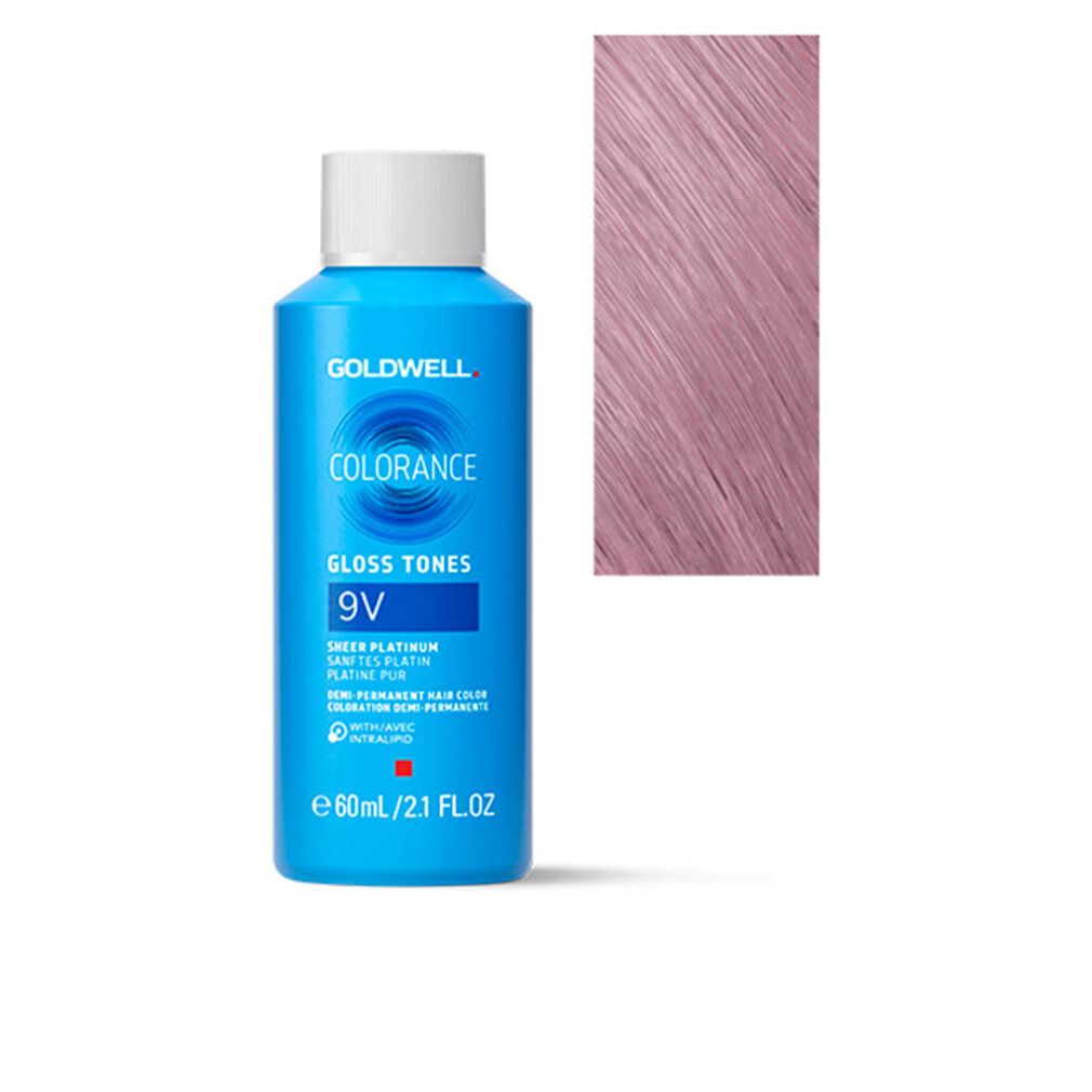 Flacone blu con tappo bianco. Scritta: Goldwell Colorance Gloss Tones 9V. Accanto, ciocca di capelli rosa.