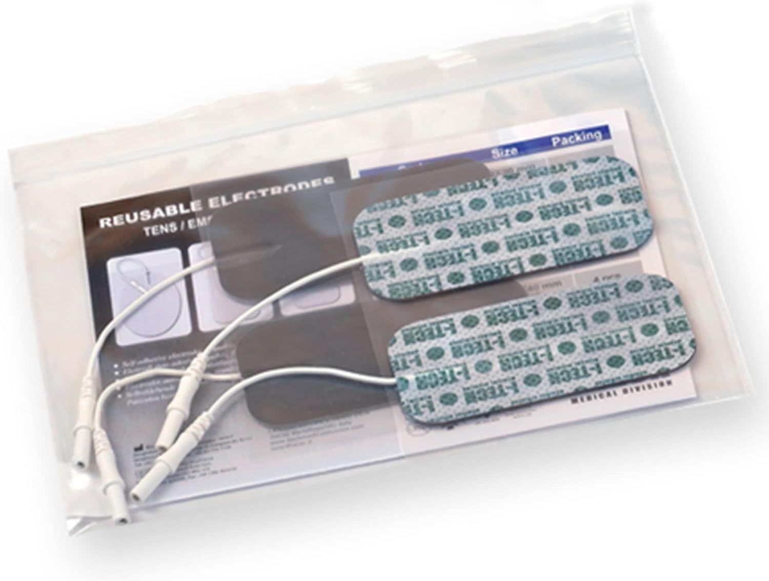 Confezione di elettrodi riutilizzabili. Contiene elettrodi, cavi e istruzioni. Marchio I-TECH Medical Division.