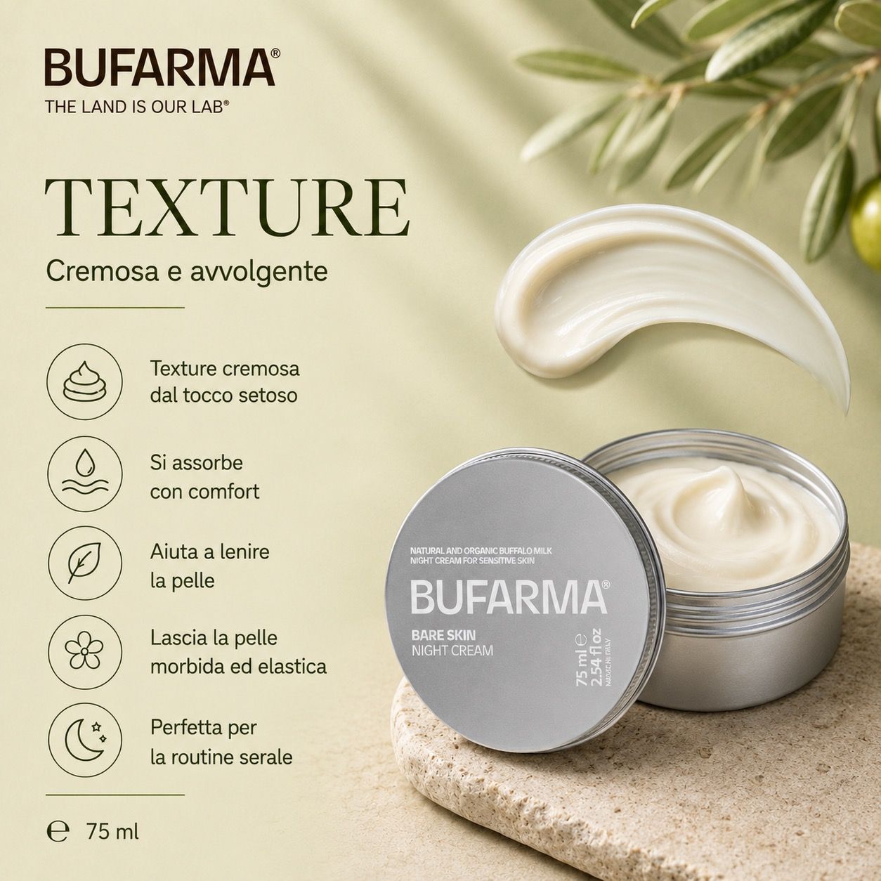 Texture crema accanto al vasetto aperto BUFARMA 'Bare Skin Night Cream'. Testo: 'TEXTURE'. Sfondo: ramo d'ulivo.