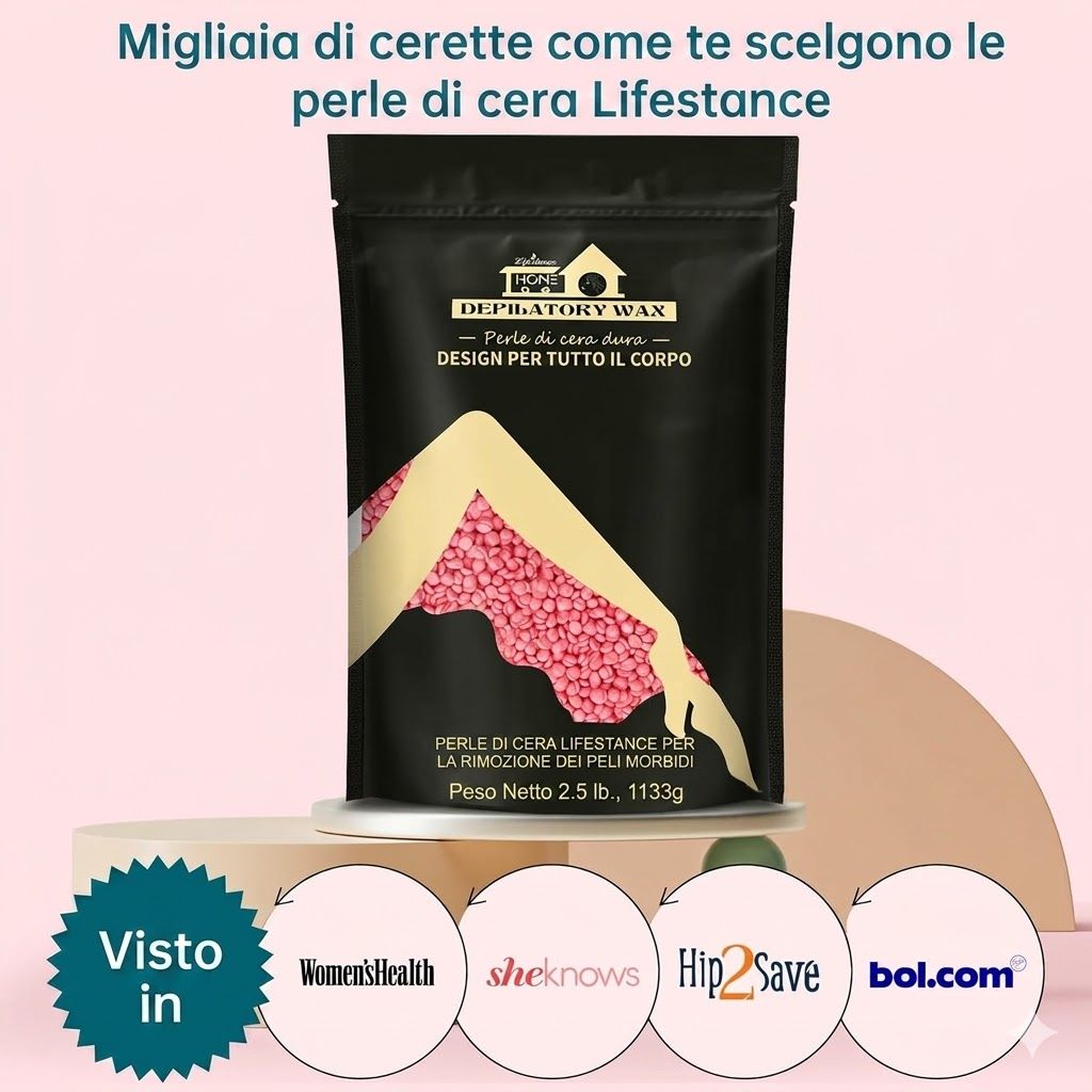 Confezione nera con perle di cera rosa. Testo: Lifestance, cera depilatoria, design per tutto il corpo. Citato in Women's Health, sheknows, Hip2Save, bol.com.