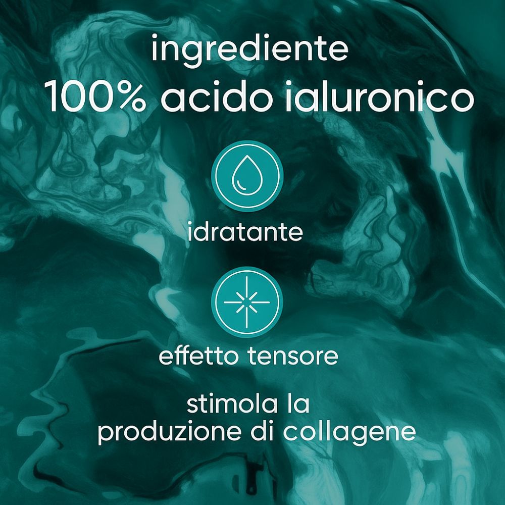 Grafica con testo: 100% acido ialuronico, idratante, effetto tensore, stimola la produzione di collagene.