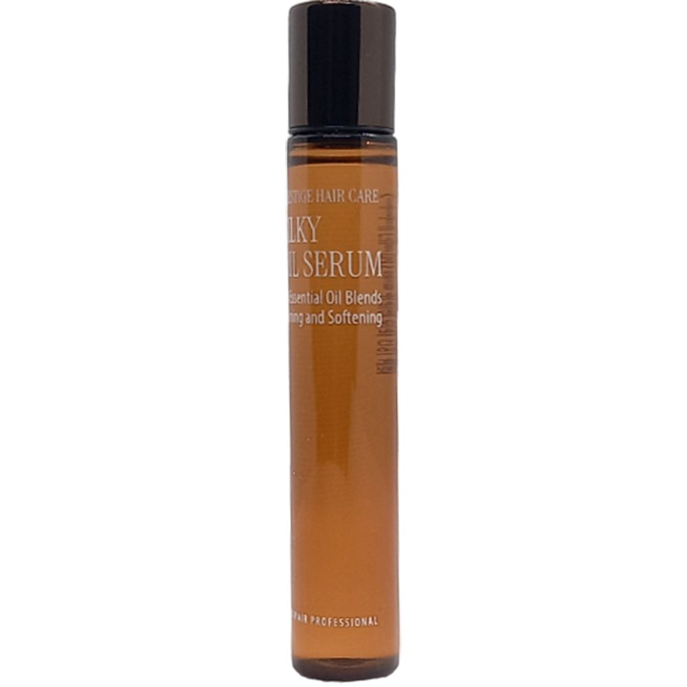 Flacone di olio per capelli marrone con tappo nero. Testo: Silky Oil Serum, 10 oli essenziali. Uso professionale.