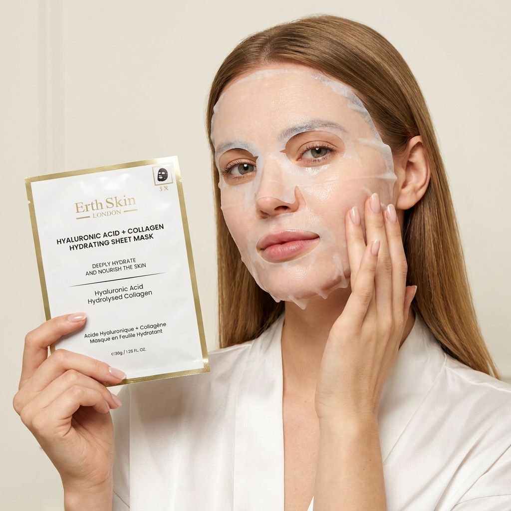 Donna con maschera in tessuto applicata tiene confezione ErthSkin London Acido Ialuronico & Collagene.