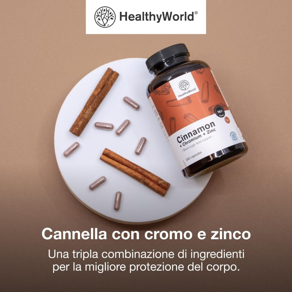 Testo con informazioni sul prodotto. Flacone di capsule. Scritta: Cannella + Cromo + Zinco. Logo: HealthyWorld.