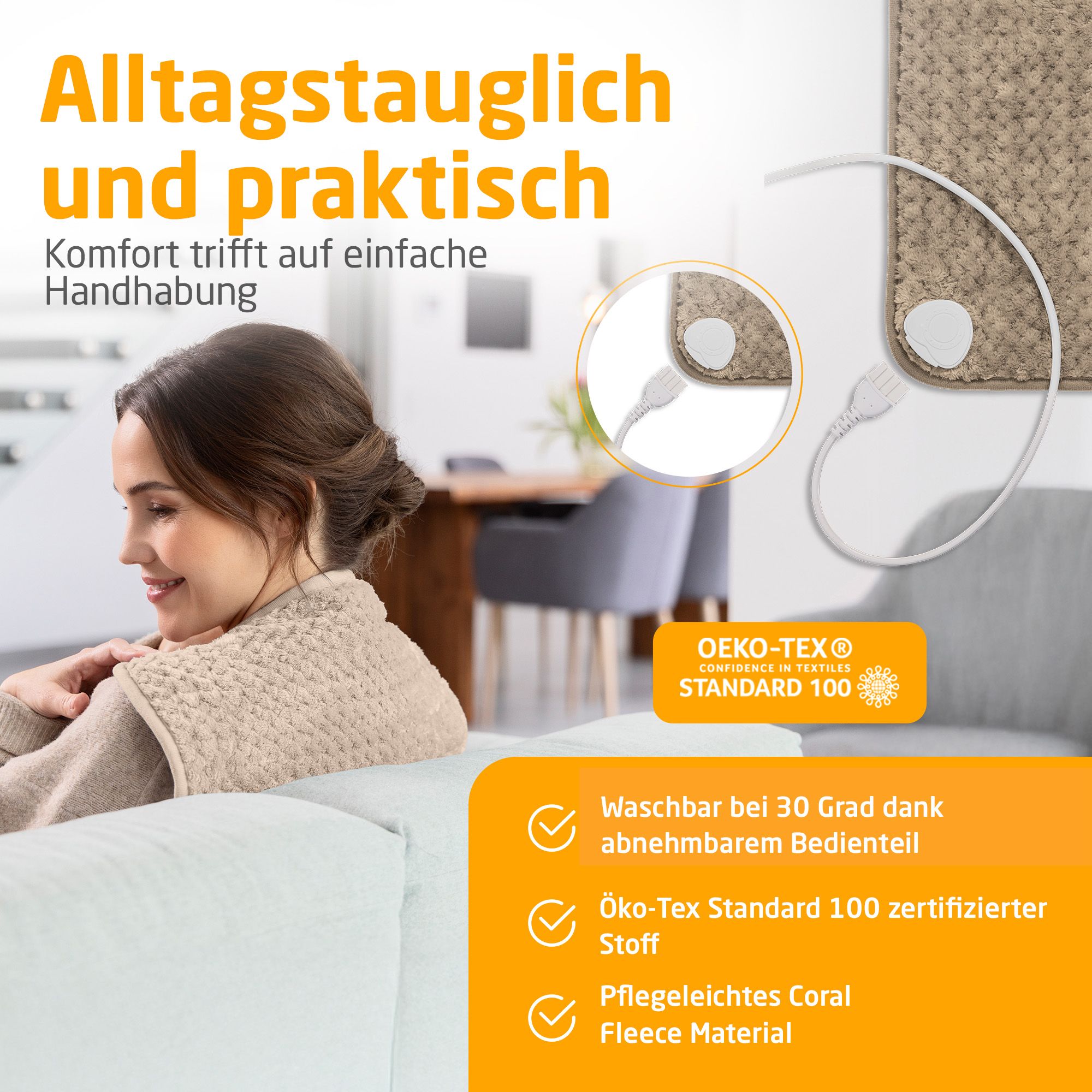 Cuscino riscaldante con pannello comandi rimovibile. Certificato Oeko-Tex Standard 100. Materiale pile corallo.