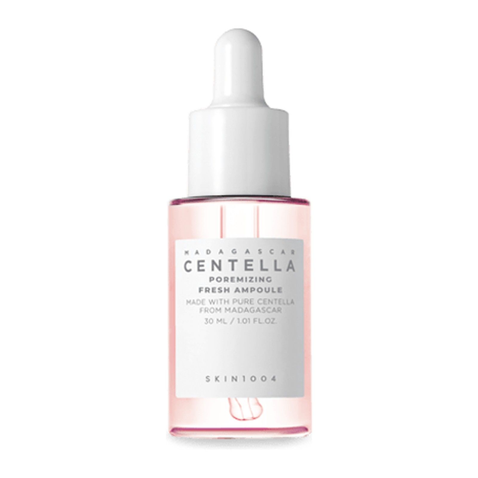 Bottiglia di vetro con contagocce, riempita di liquido rosato. Etichetta con 'Centella Poremizing Fresh Ampoule', 30 ml.