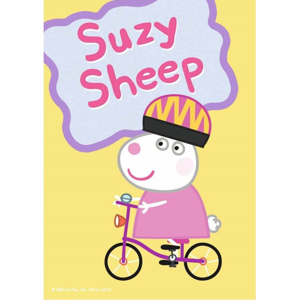 Puzzle con Suzy Sheep in bicicletta. Sfondo giallo con elemento nuvola viola. Testo: Suzy Sheep.