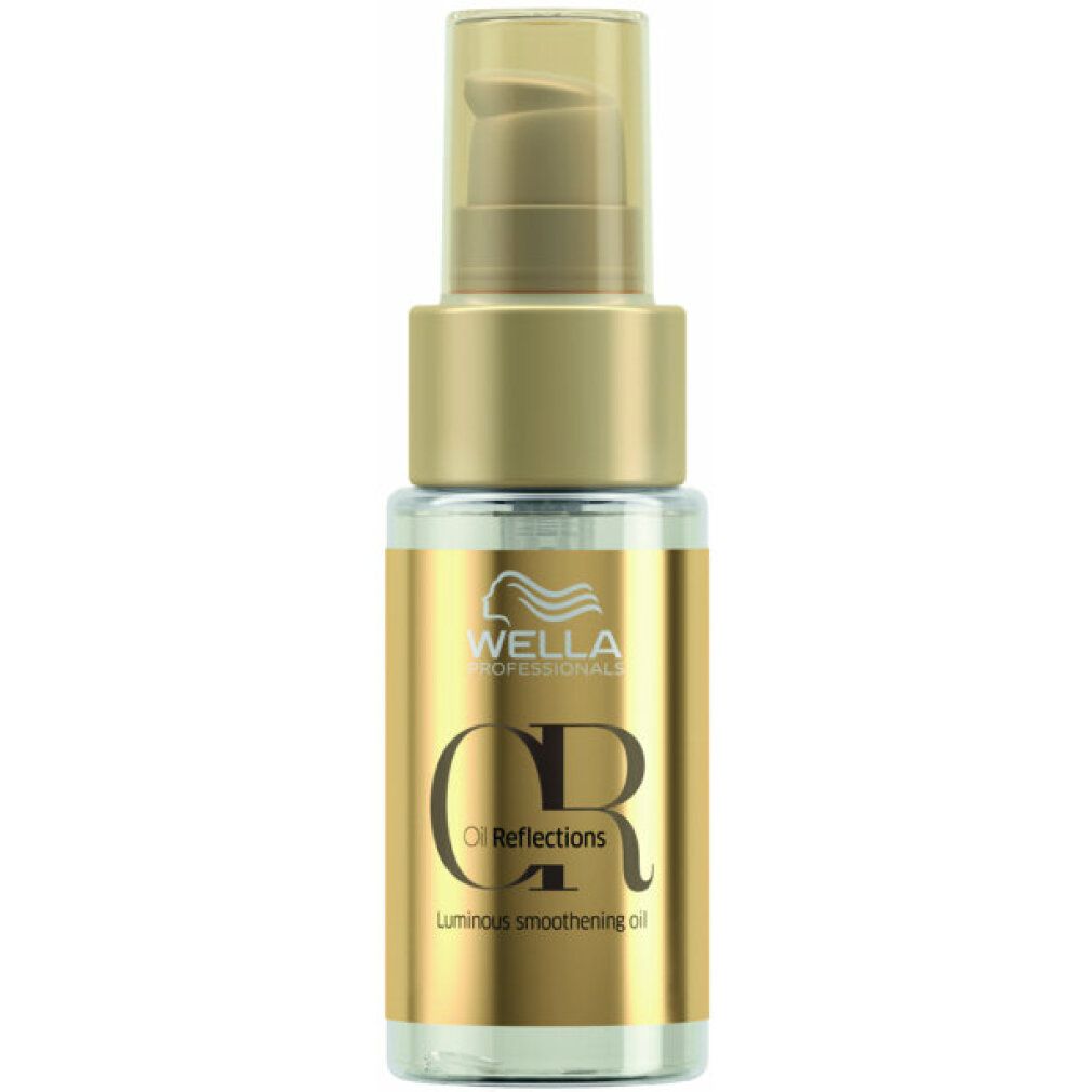 Olio per capelli trasparente in una piccola bottiglia con tappo dorato. Scritta: Wella, Oil Reflections.