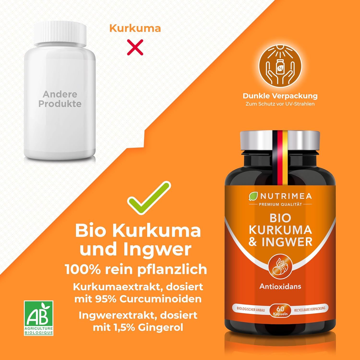 Confronto: prodotto bianco vs. BIO KURKUMA & INGWER. 100% vegetale, estratto di curcuma, estratto di zenzero. Sigillo AB, confezione scura.
