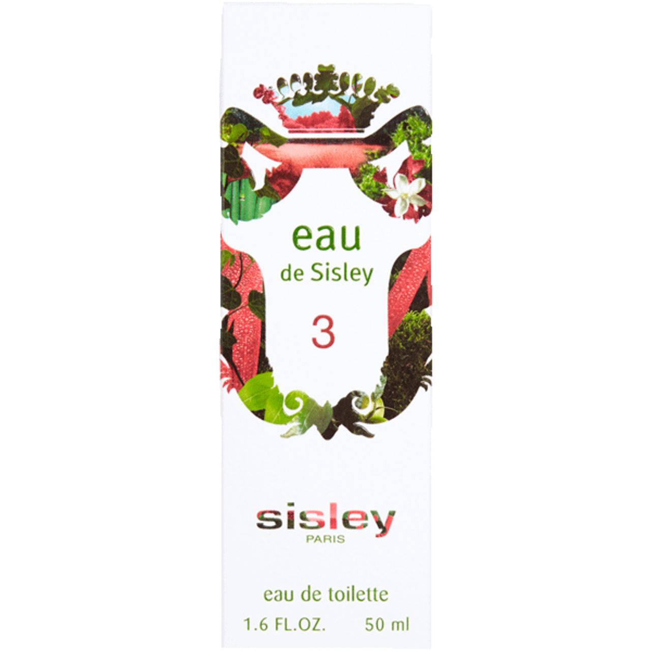 Confezione bianca con design floreale e "eau de Sisley 3". Marchio "Sisley Paris".