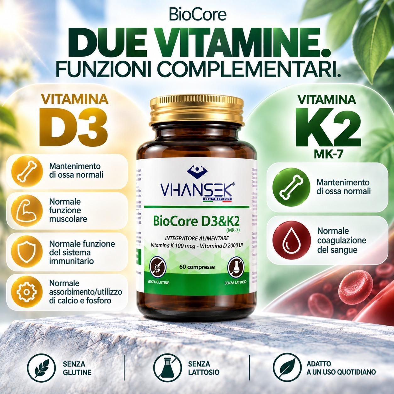 Flacone da 60 capsule BioCore D3+K2, 2000 UI Vitamina D3, 100 mcg Vitamina K2 MK-7.
