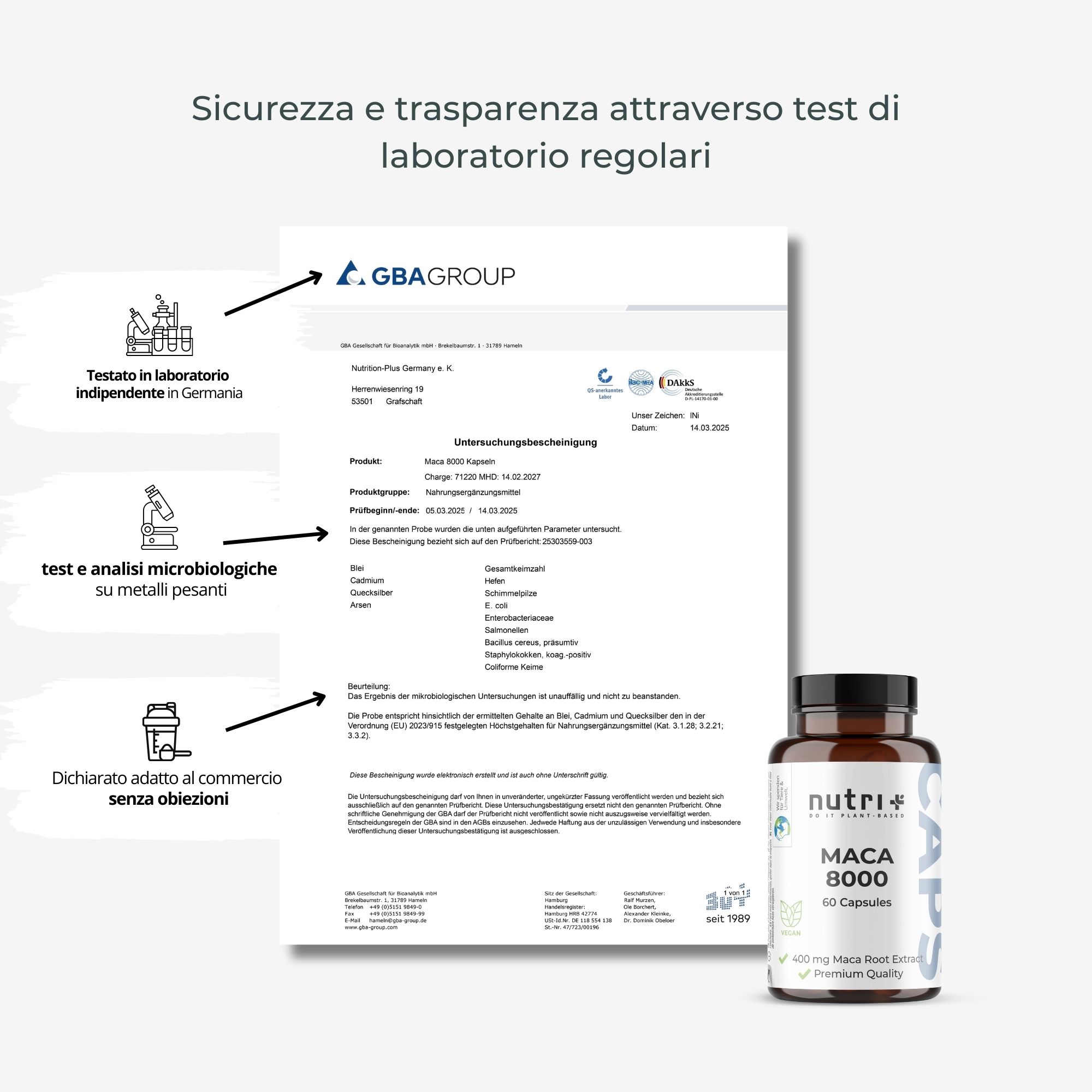 Certificato con testo. Flacone di capsule. Scritta: Maca 8000, 60 capsule. Logo GBA Group.