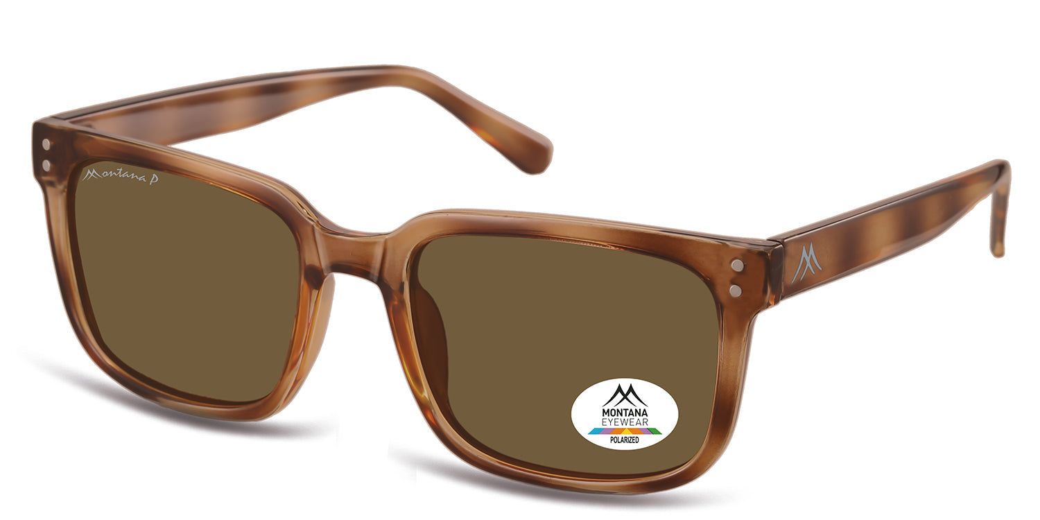 Occhiali da sole Montana Eyewear Paternoster. Montatura marrone rettangolare. Lenti marroni. Logo e adesivo polarizzazione sulla lente.