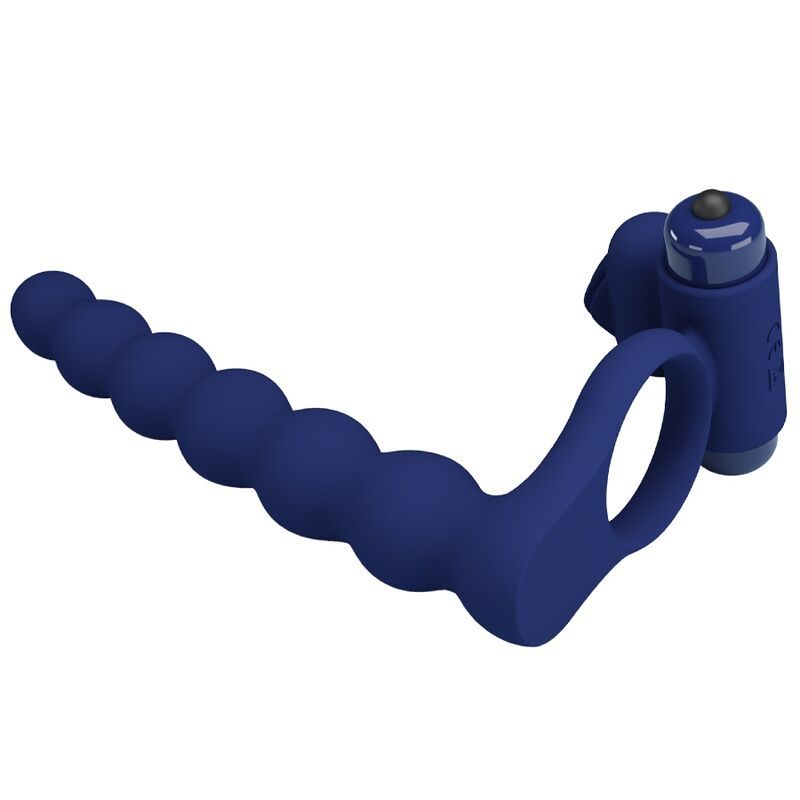 Vibratore blu scuro con texture a perle e anello di controllo, primo piano.