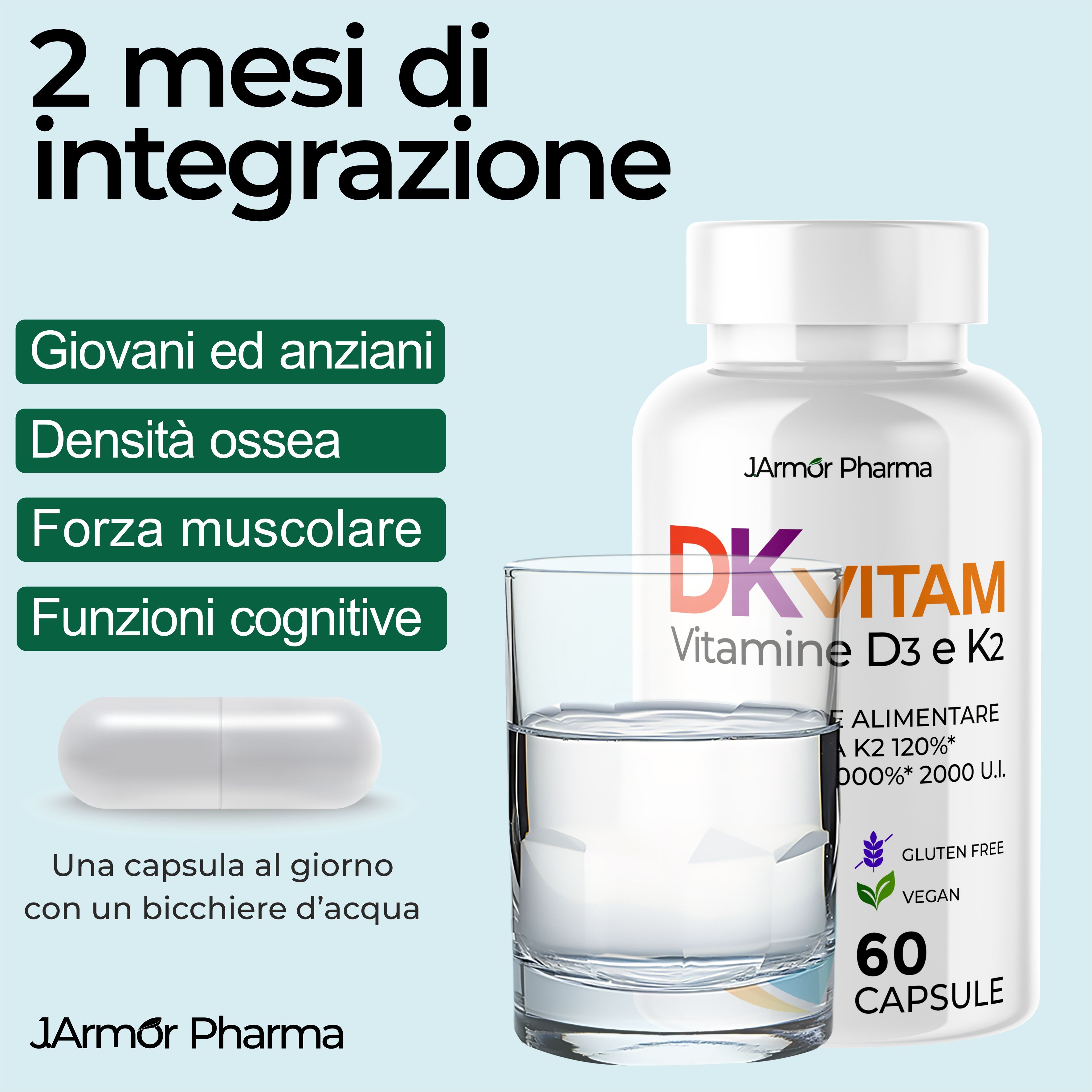 Flacone Vitamina D3+K2, capsula e bicchiere d'acqua, con testo sui benefici.