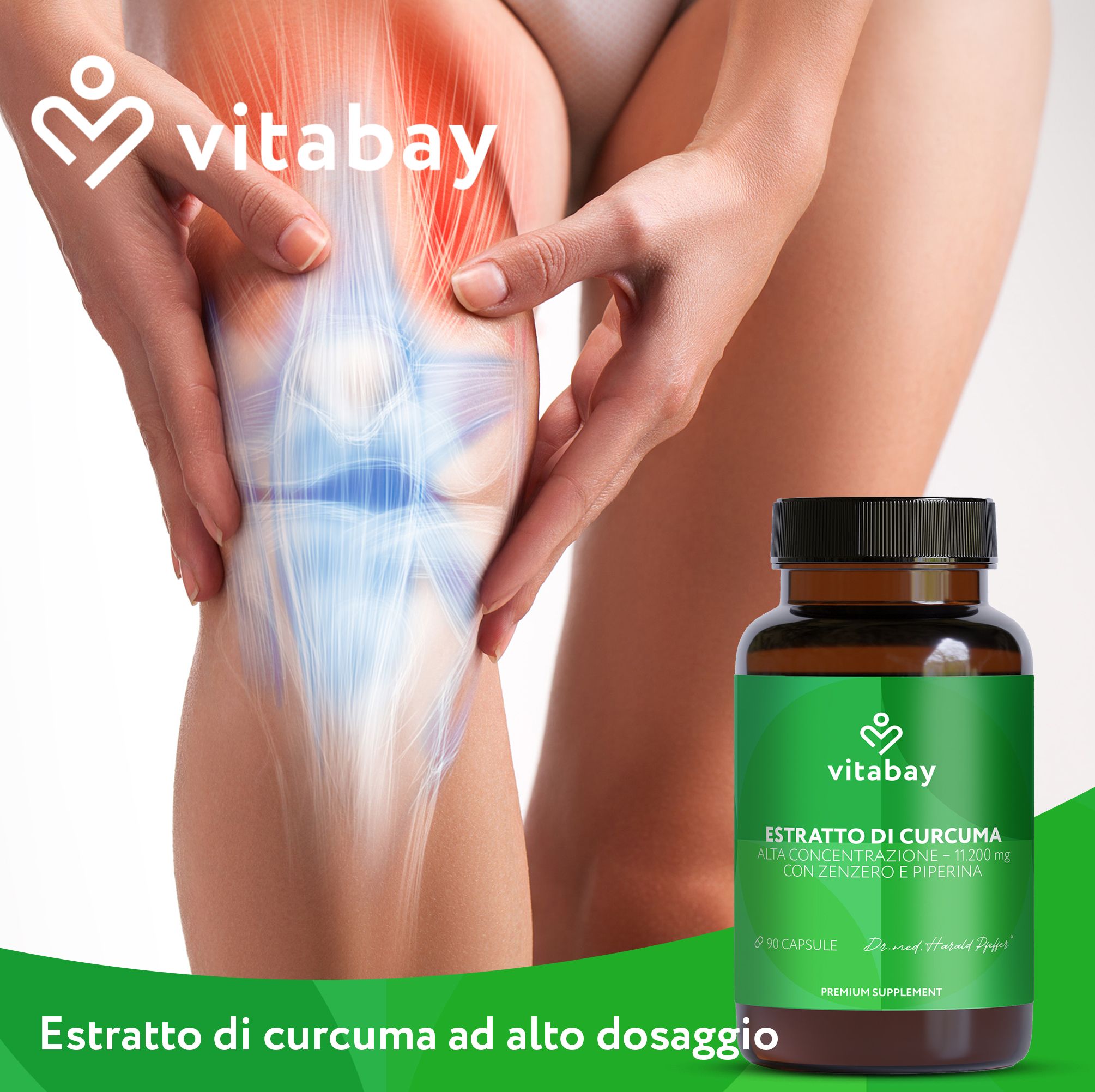 Donna si tiene il ginocchio, accanto una bottiglia di estratto di curcuma italiano.