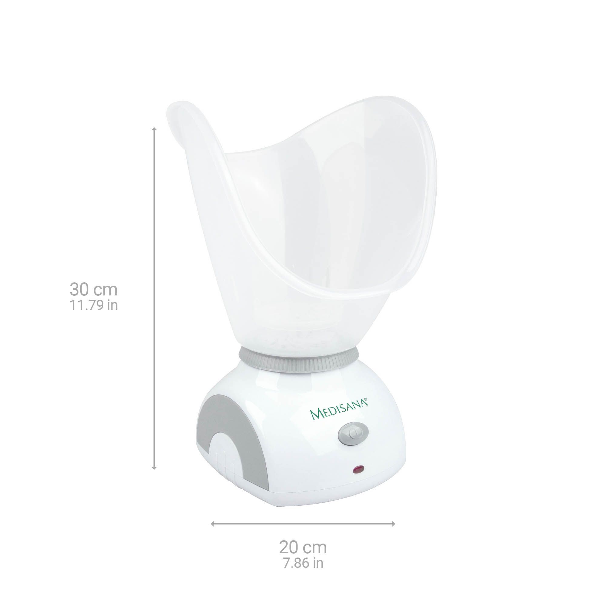 Sauna facciale bianca e grigia. Dimensioni: 30 cm di altezza, 20 cm di larghezza. Logo MEDISANA. Pulsante on/off e spia.