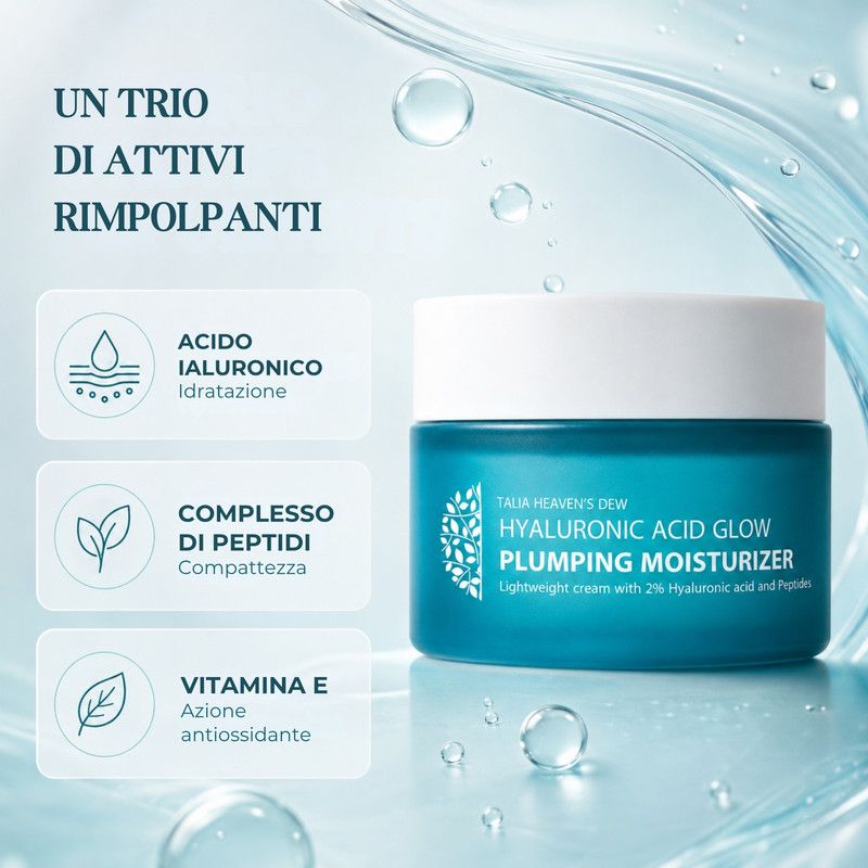 Un barattolo blu con coperchio bianco, crema idratante leggera, con icone per acido ialuronico, peptidi e vitamina E.